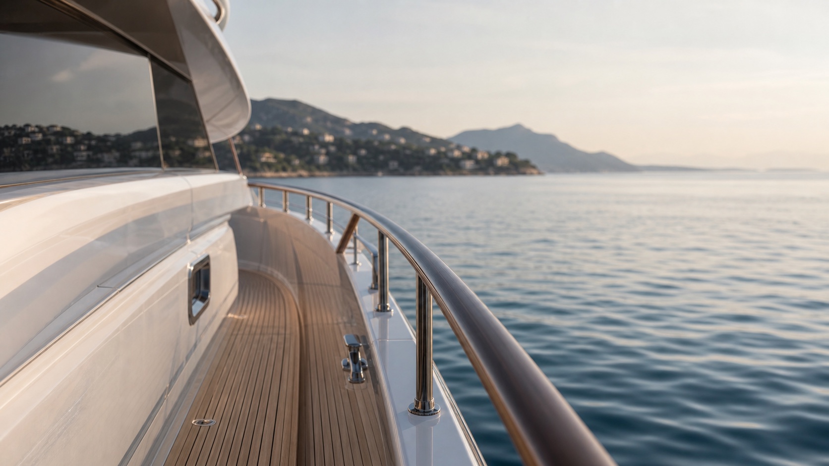 Quiet yacht deck detail with calm Mediterranean water beyond